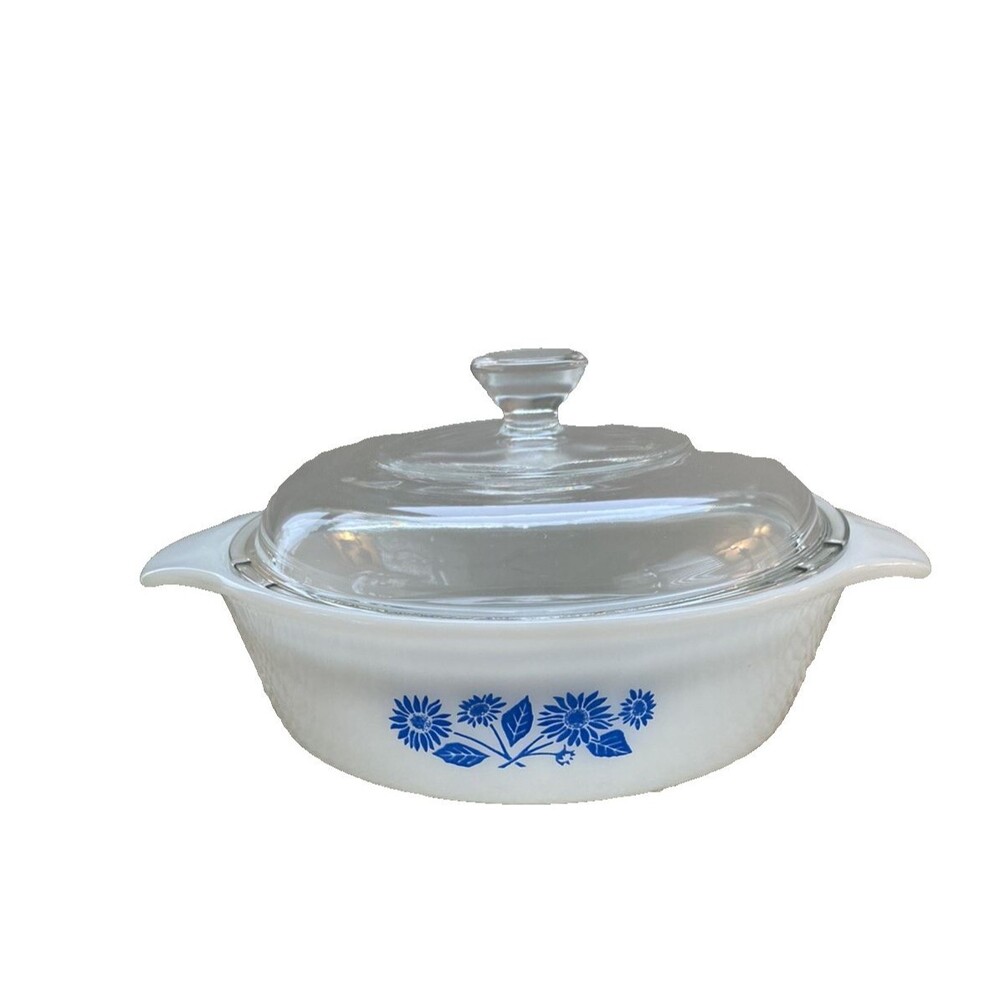 Vtg Anchor Hocking Fire King 1 Qt Casserole Dish Cornflower Blue Flower W/ Lid